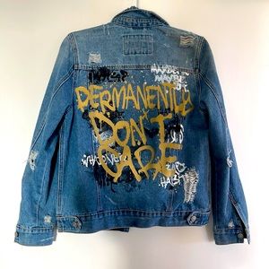 Five by five “permanently don’t care” denim jacket small blue graffiti